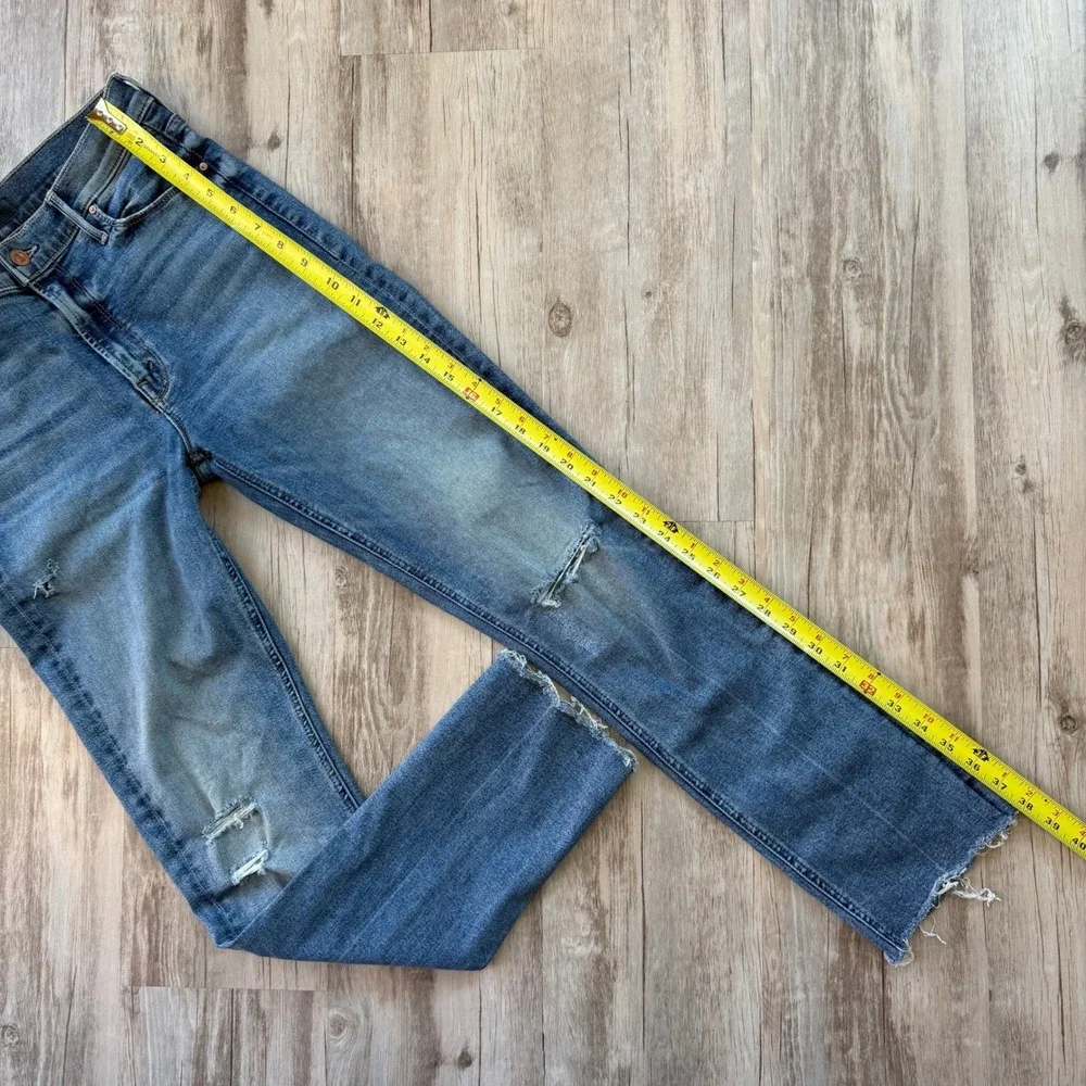 MOTHER Dazzler Mid Rise Ankle Fray Jeans Living In Circles Blue Distressed 28